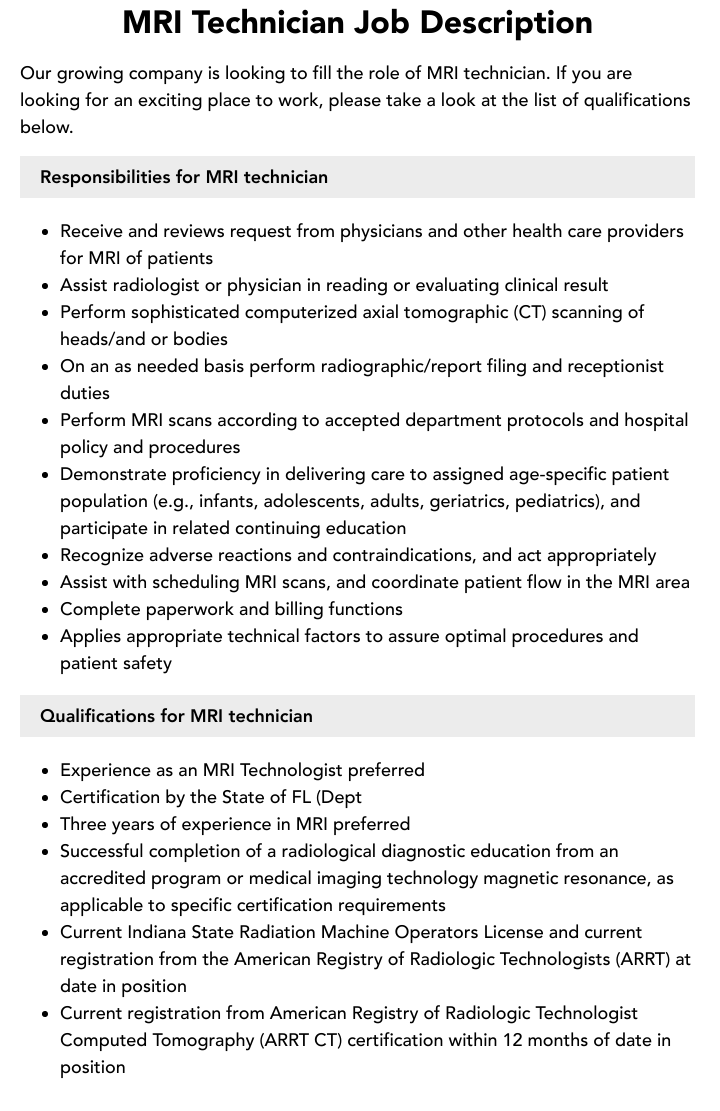 MRI Technician Job Description Velvet Jobs