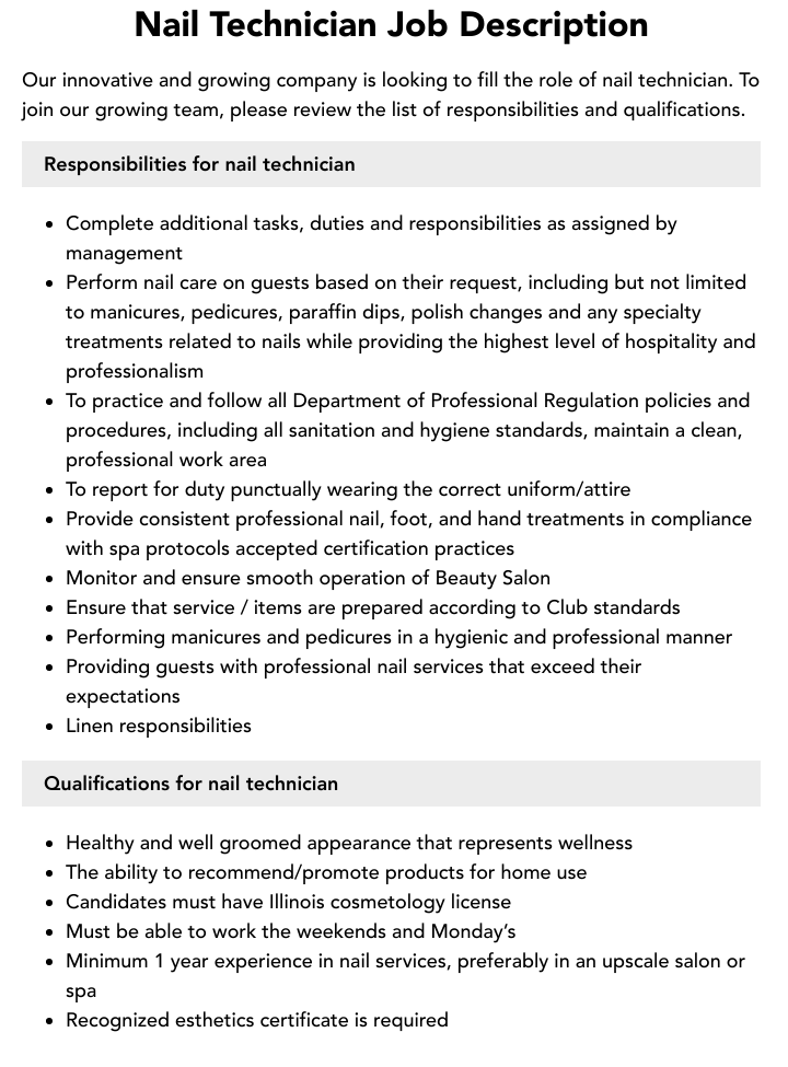 Job Description For Nail Technician For Resume My Bios