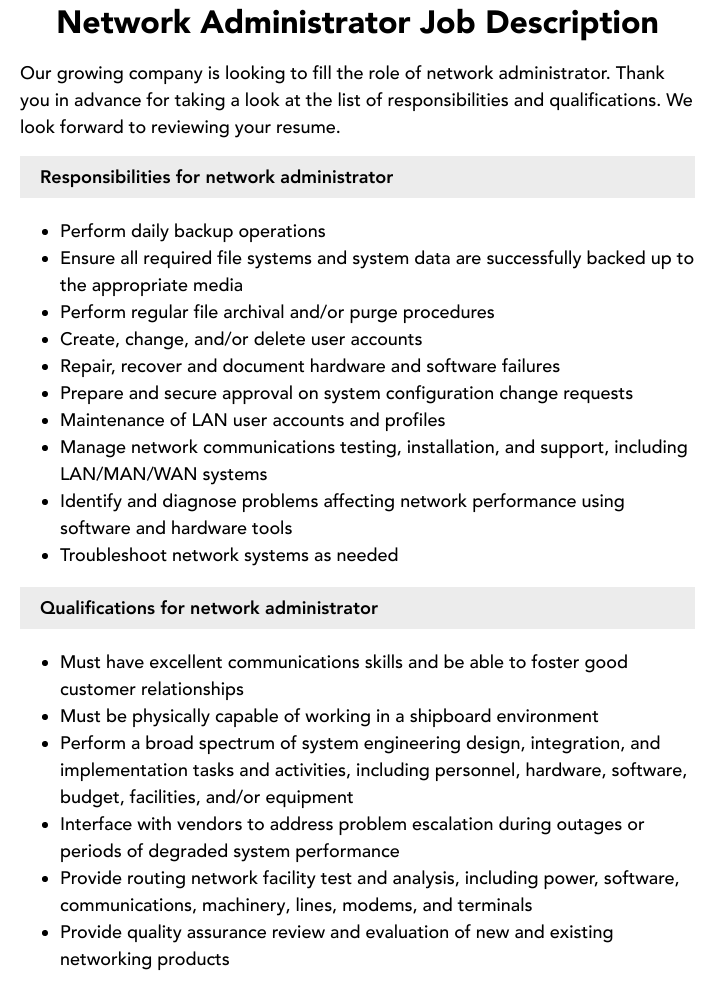 Network Administrator Job Description Velvet Jobs