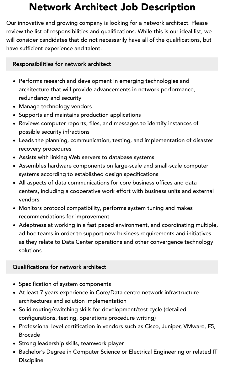 Network Architect Job Description | Velvet Jobs