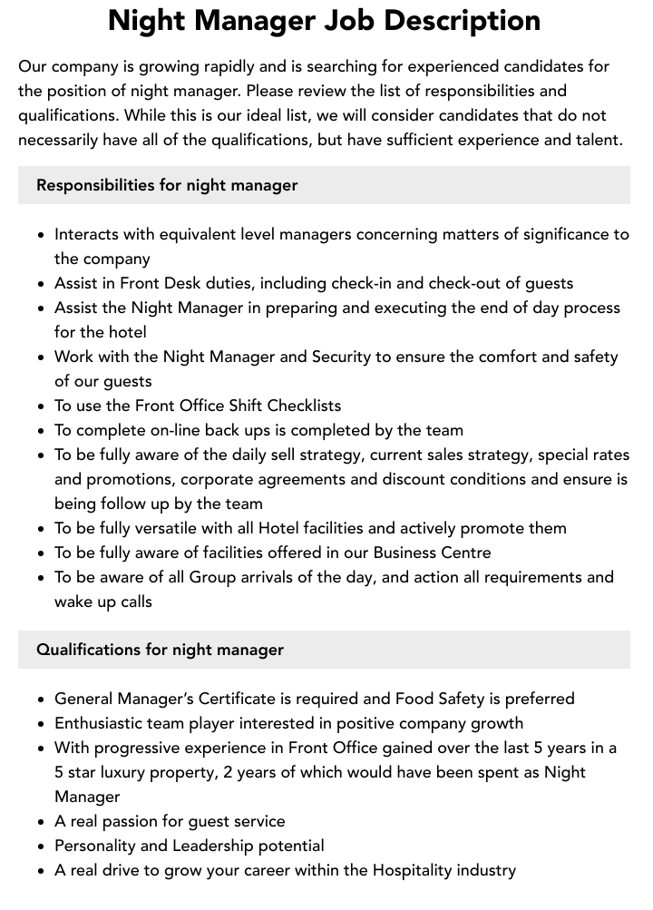 Night Manager Job Description Velvet Jobs