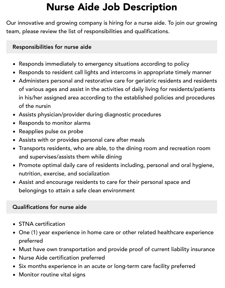 Nurse Aide Job Description Velvet Jobs