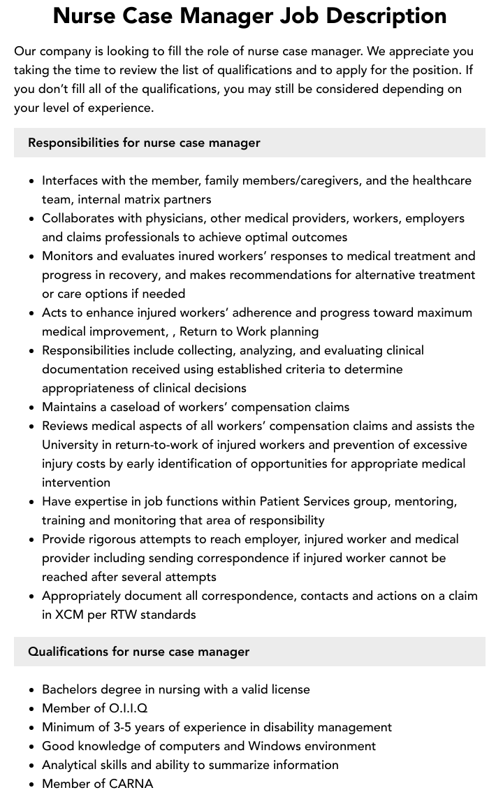 Nurse Case Manager Job Description Velvet Jobs