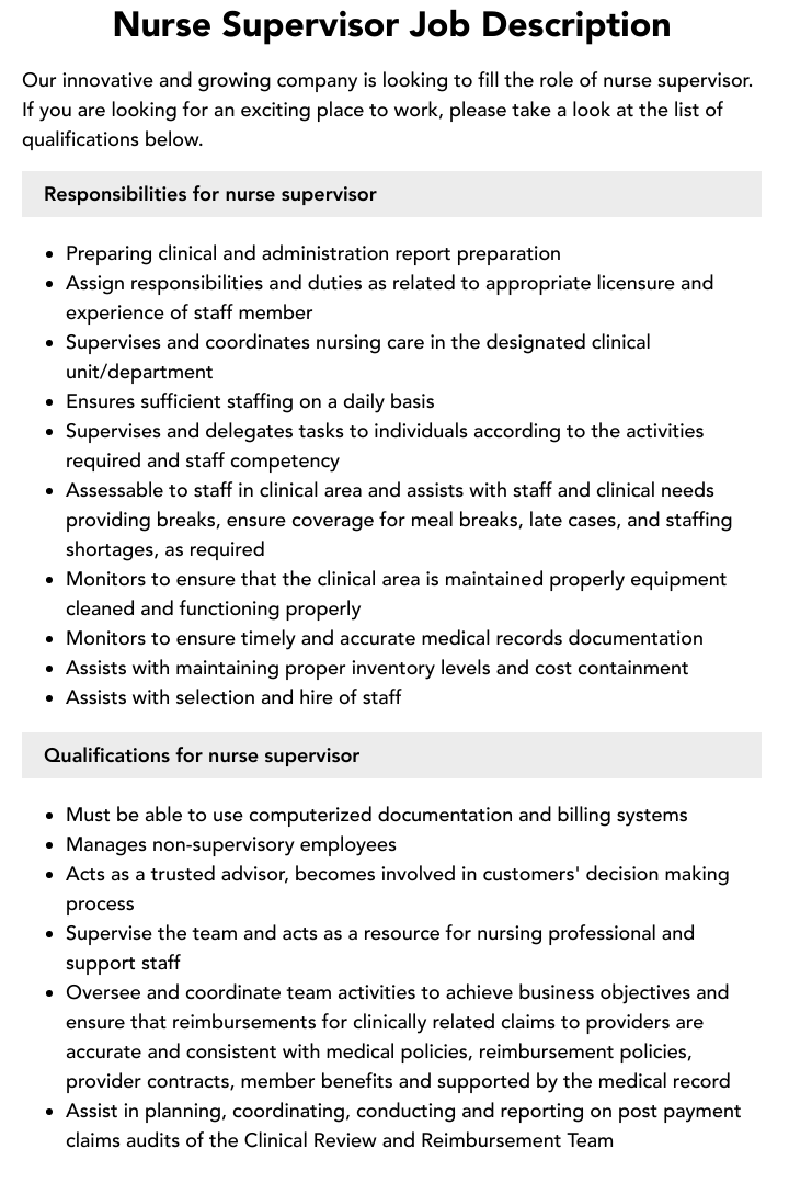 Nurse Supervisor Job Description Velvet Jobs