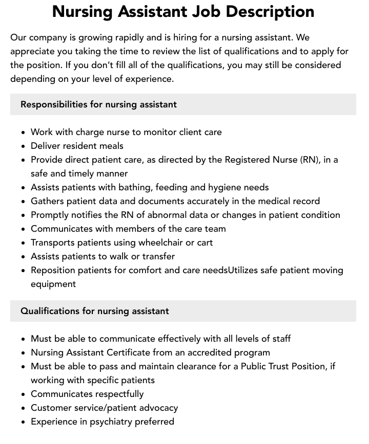 Certified Nursing Assistant Job Description