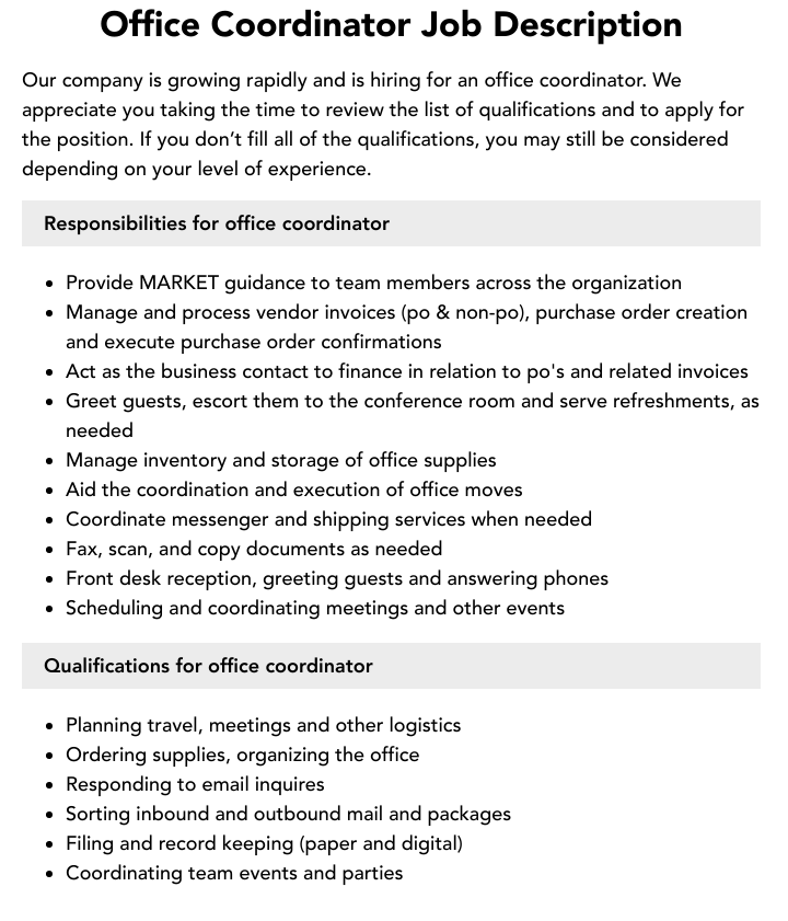 Office Coordinator Job Description Velvet Jobs
