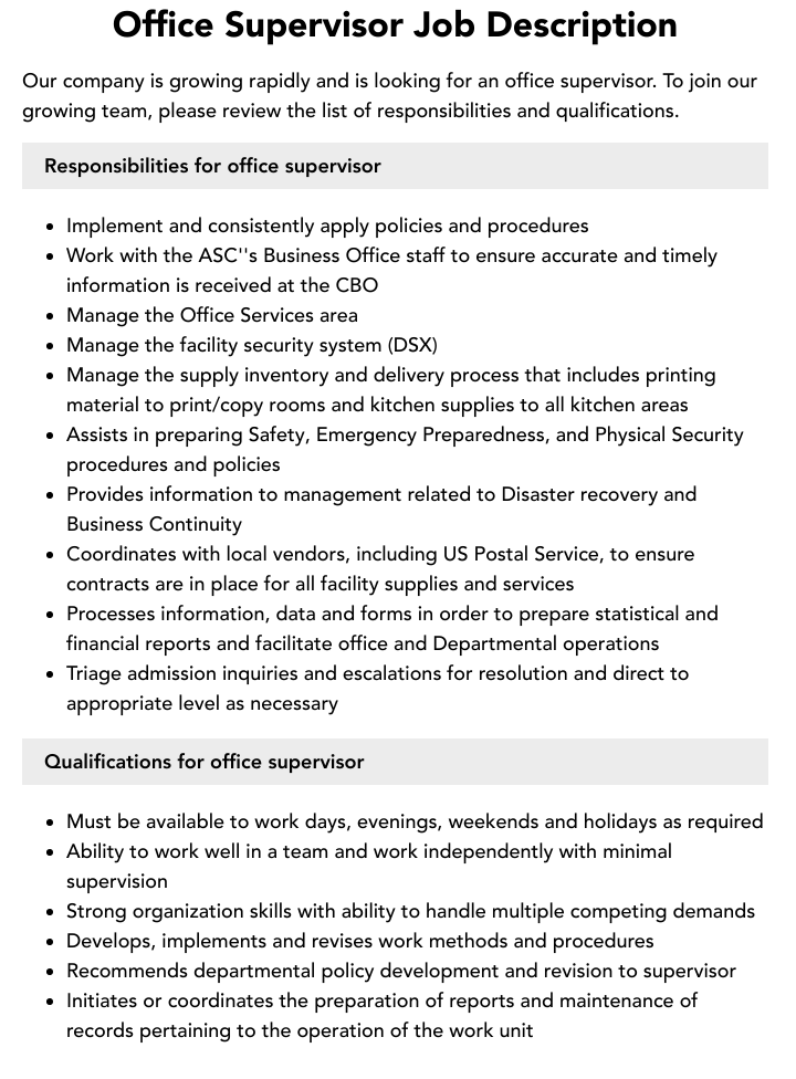 Office Supervisor Job Description Velvet Jobs