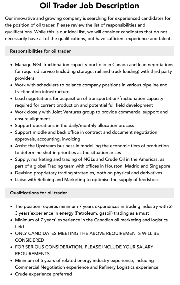 Oil Trader Job Description Velvet Jobs