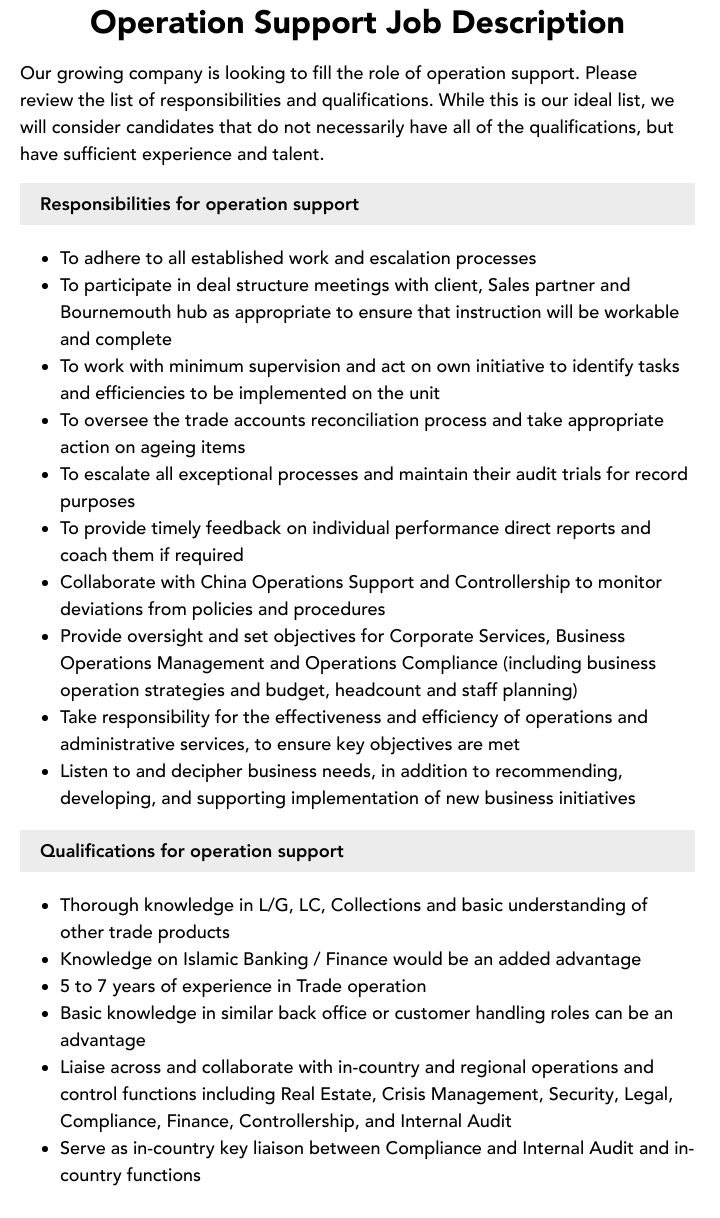 Operation Support Job Description Velvet Jobs