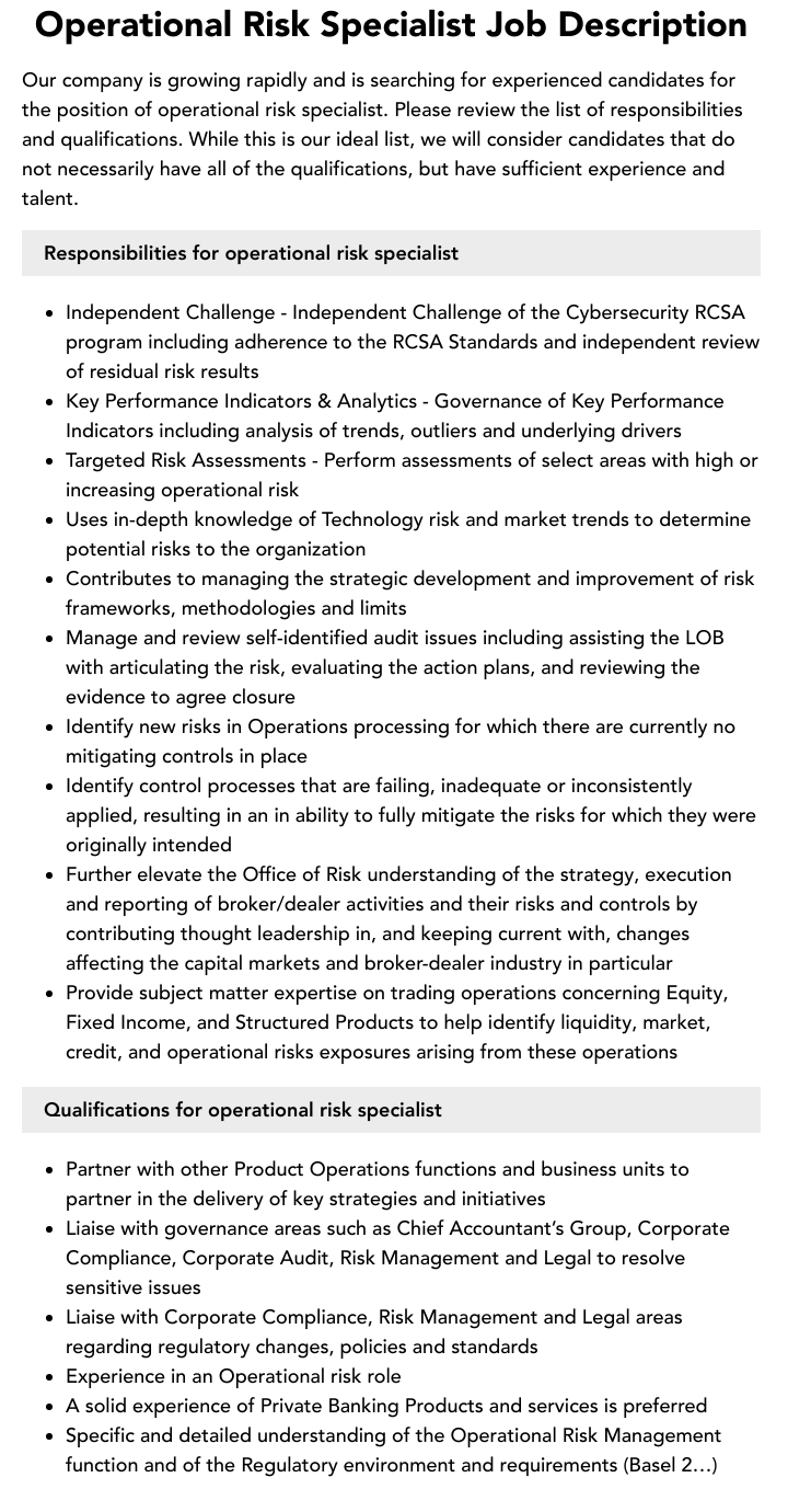 Operational Risk Specialist Job Description Velvet Jobs