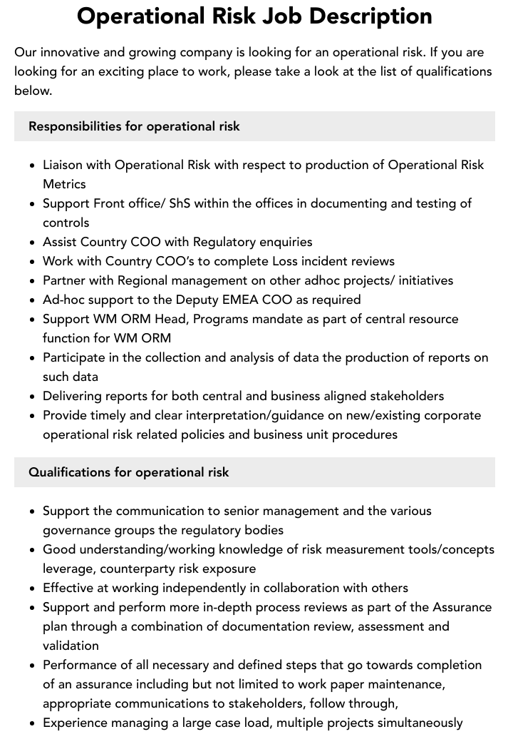 Operational Risk Job Description Velvet Jobs