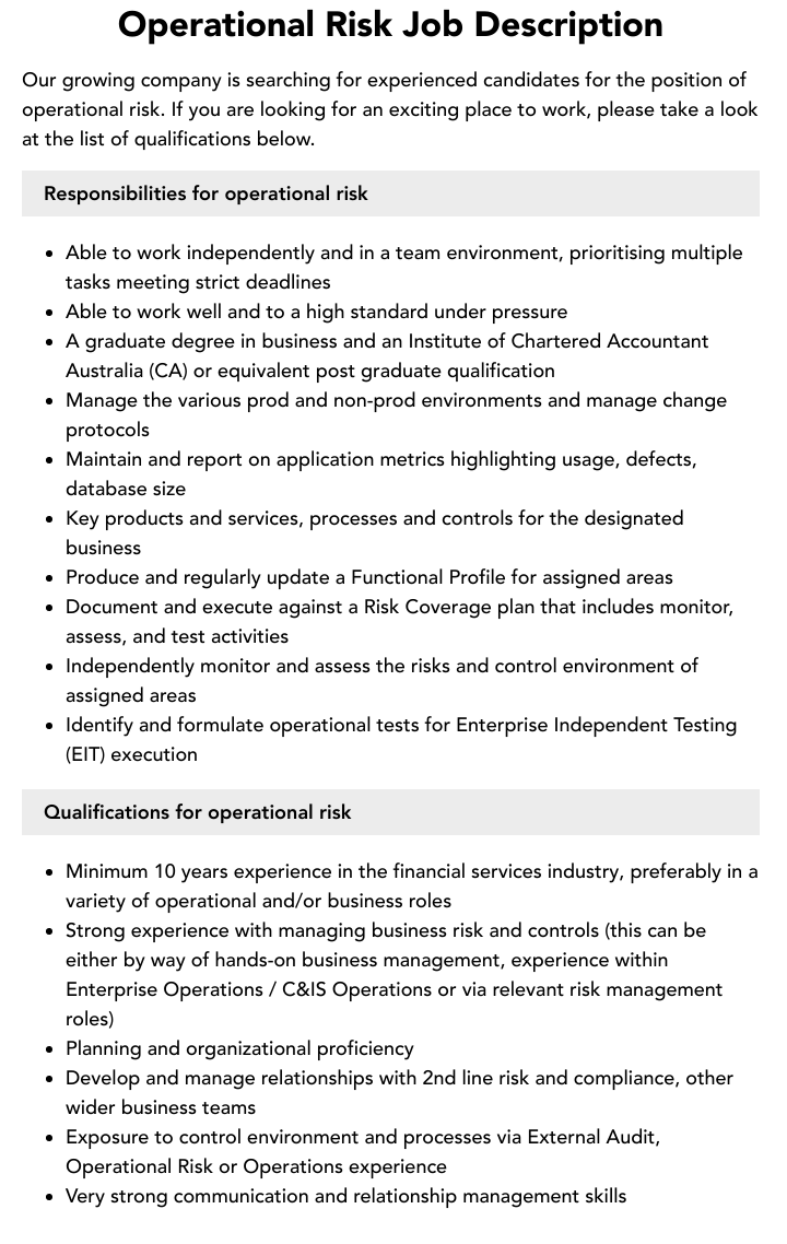 Operational Risk Job Description Velvet Jobs