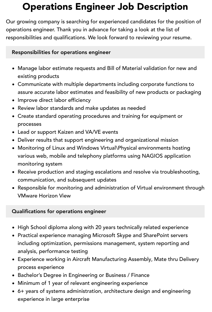Operations Engineer Job Description Velvet Jobs