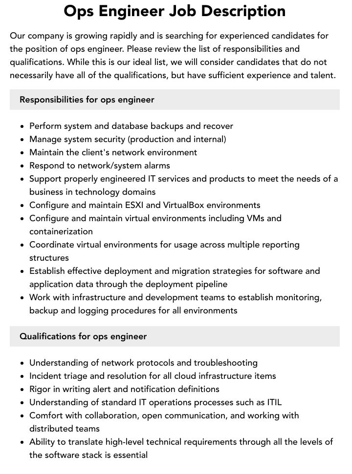Ops Engineer Job Description Velvet Jobs