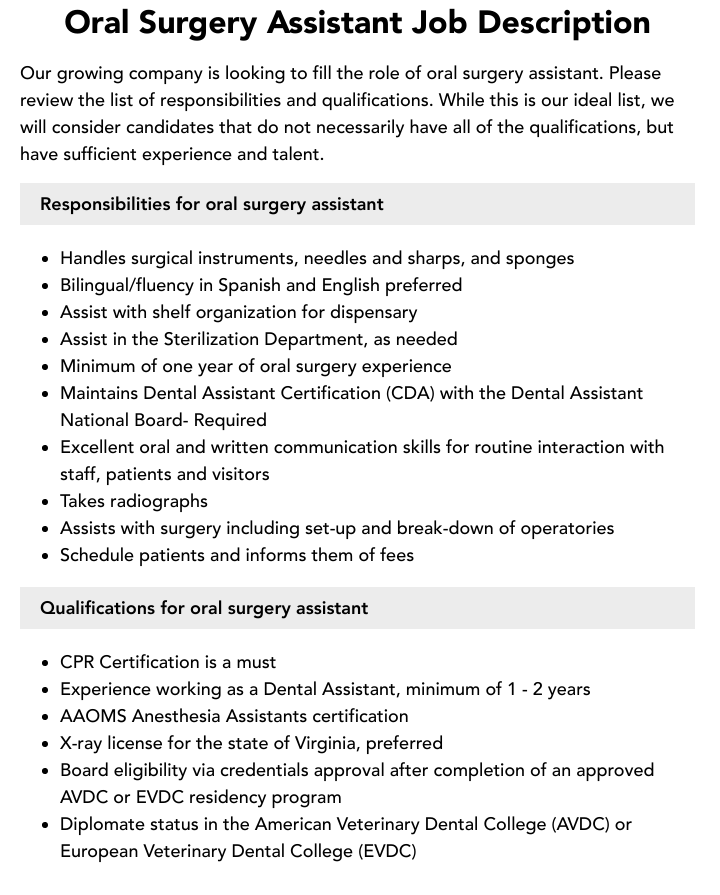 Oral Surgery Assistant Job Description Velvet Jobs