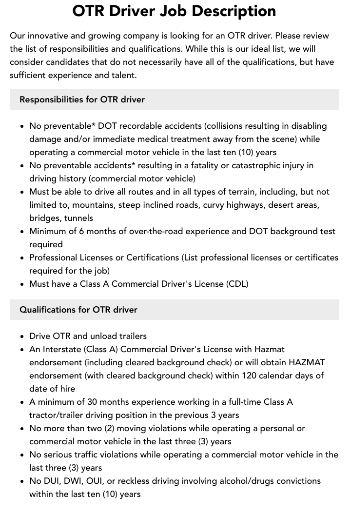OTR Driver Job Description Velvet Jobs