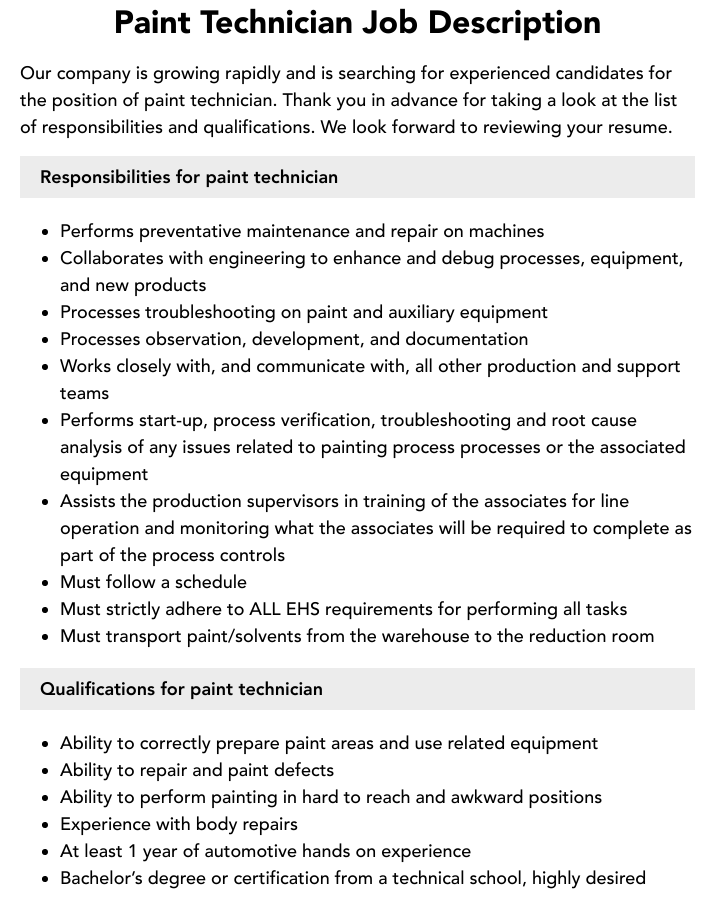 Paint Technician Job Description Velvet Jobs