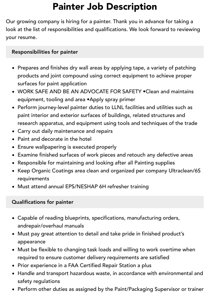 Painter Job Description Velvet Jobs