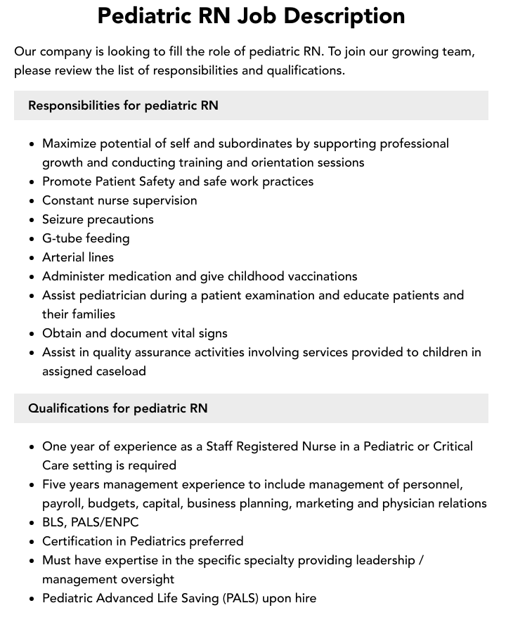 Pediatric RN Job Description Velvet Jobs