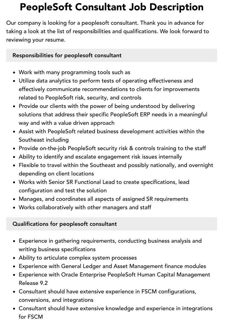PeopleSoft Consultant Job Description Velvet Jobs