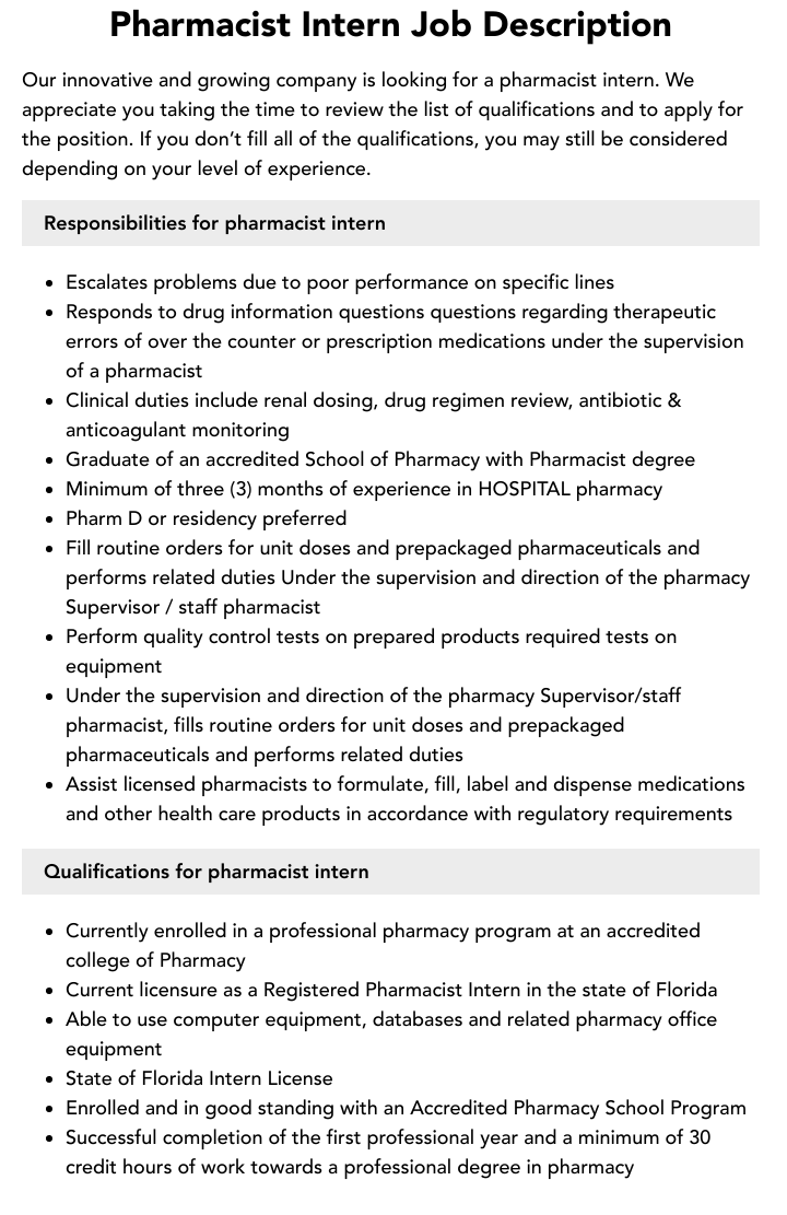Pharmacist Intern Job Description Velvet Jobs