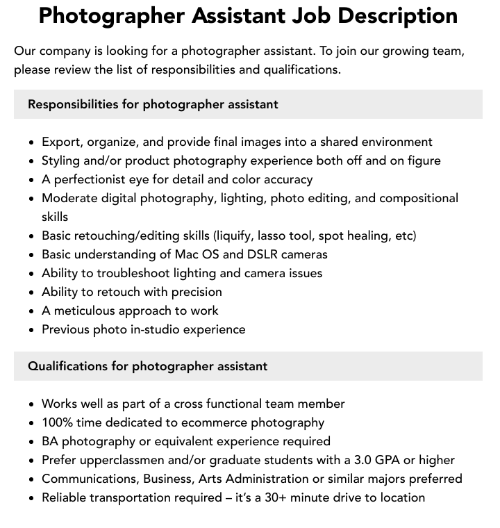 Photographer Assistant Job Description Velvet Jobs