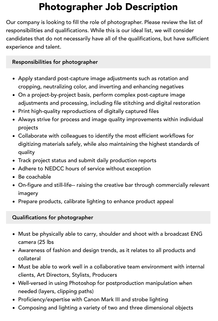 Photographer Job Description Velvet Jobs