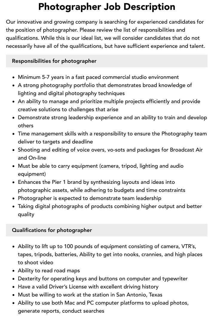 Photographer Job Description Velvet Jobs