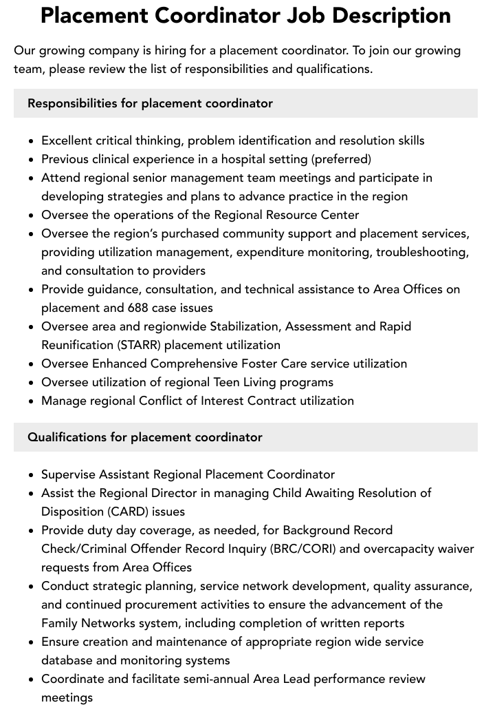 Placement Coordinator Job Description Velvet Jobs