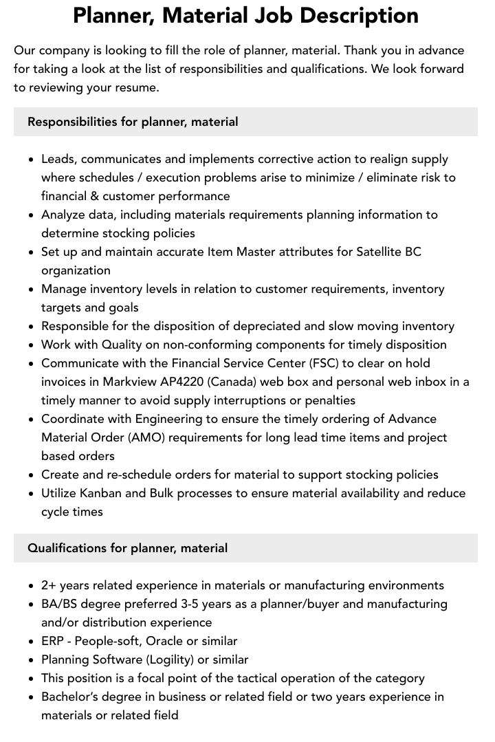 Planner Material Job Description Velvet Jobs