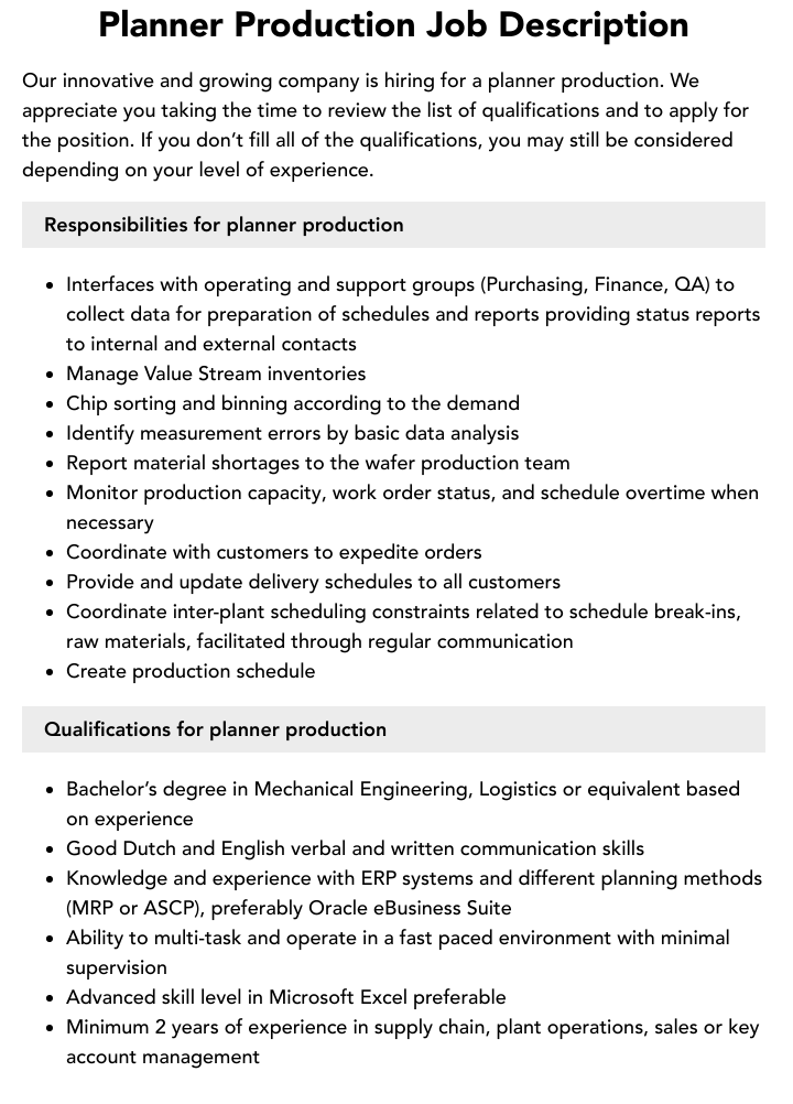 Planner Production Job Description Velvet Jobs