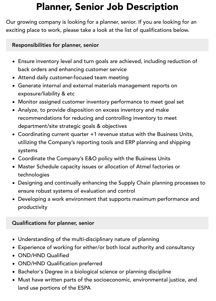 Planner Senior Job Description Velvet Jobs