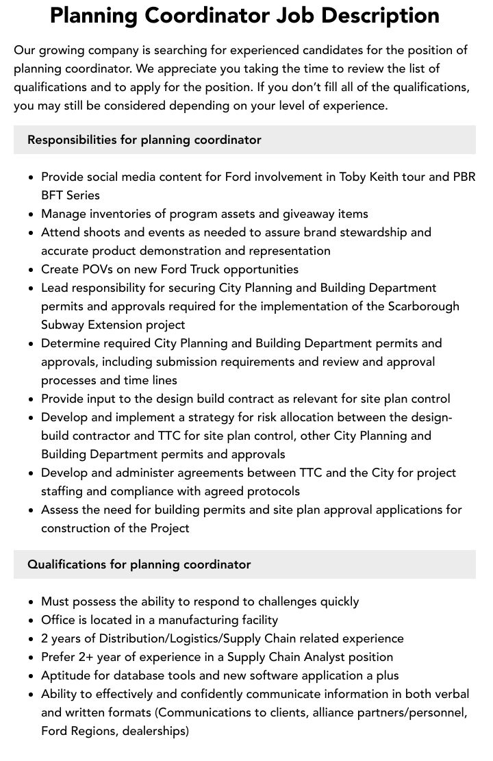 Planning Coordinator Job Description Velvet Jobs