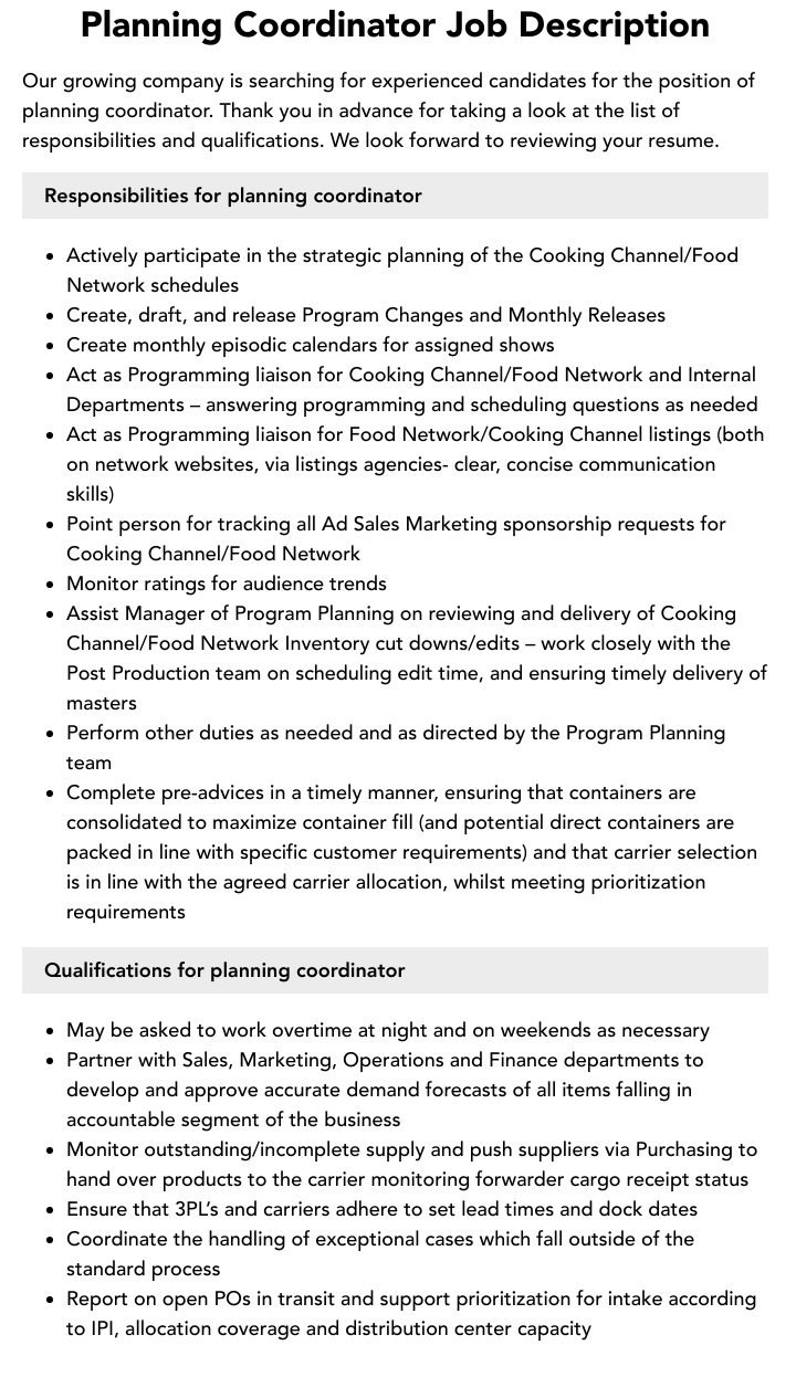Planning Coordinator Job Description Velvet Jobs