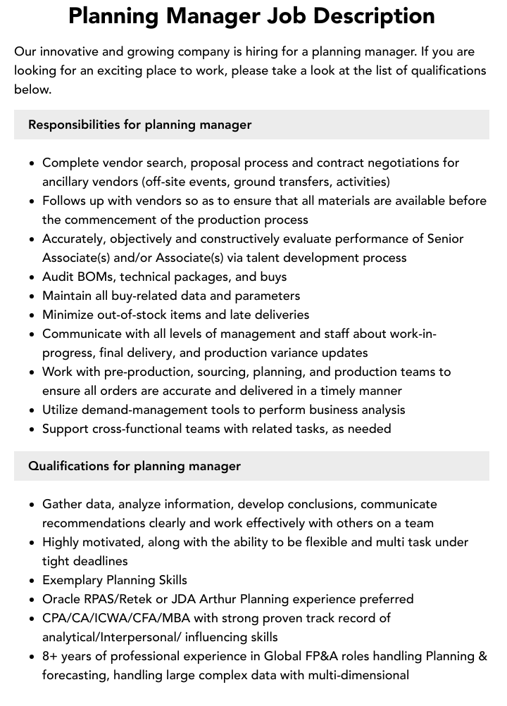 Planning Manager Job Description Velvet Jobs