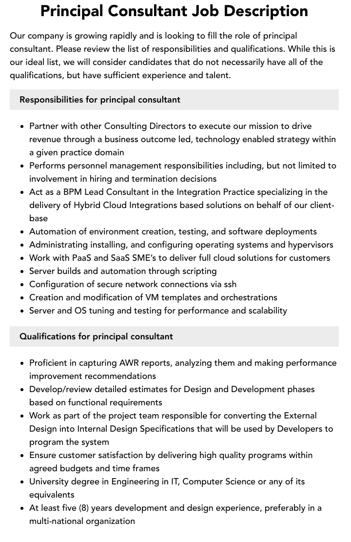 Principal Consultant Job Description Velvet Jobs