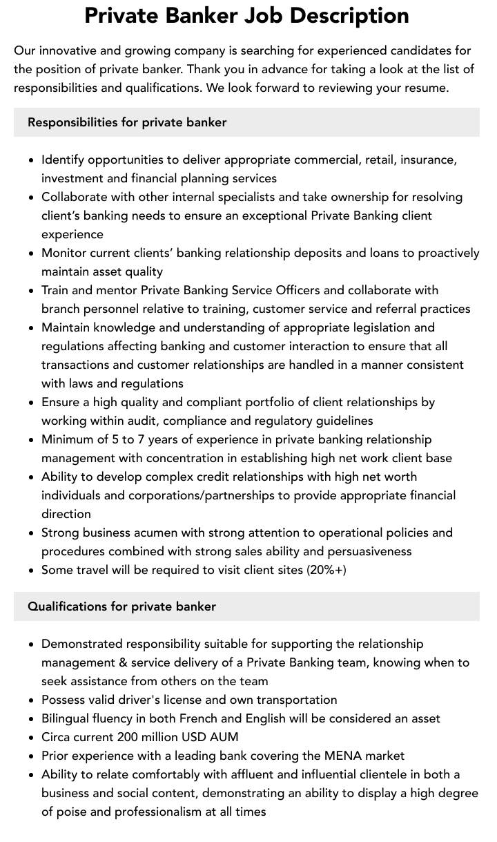 Private Banker Job Description Velvet Jobs