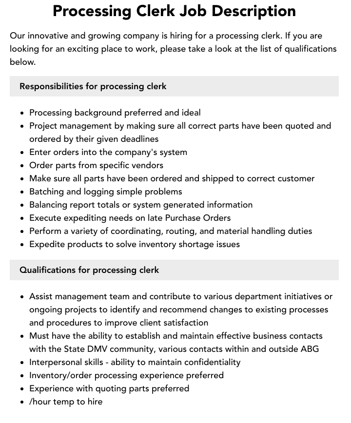 Processing Clerk Job Description Velvet Jobs Processing Clerk Job Description Velvet Jobs