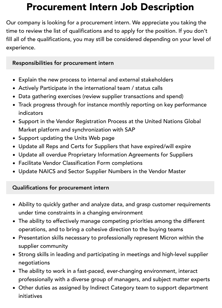 Procurement Intern Job Description Velvet Jobs