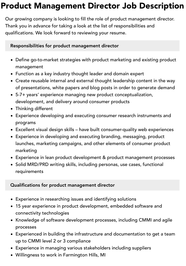 Product Management Director Job Description Velvet Jobs