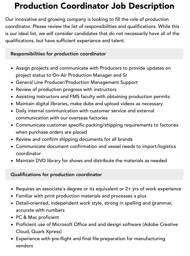 Production Coordinator Job Description Velvet Jobs