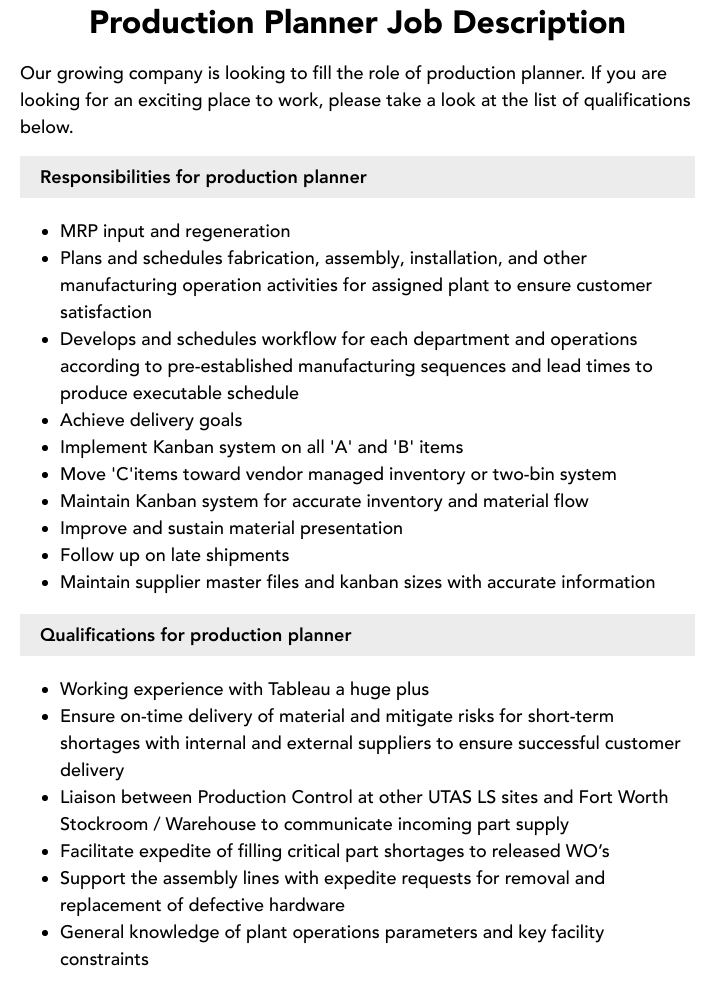 Production Planner Job Description Velvet Jobs