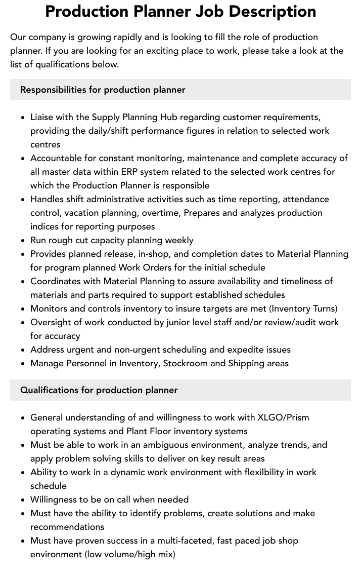 Production Planner Job Description Velvet Jobs