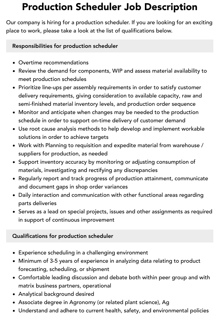 Production Scheduler Job Description Velvet Jobs