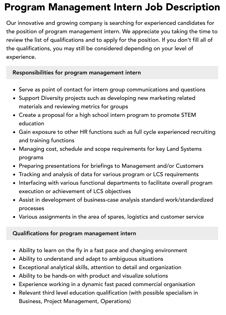 Program Management Intern Job Description Velvet Jobs
