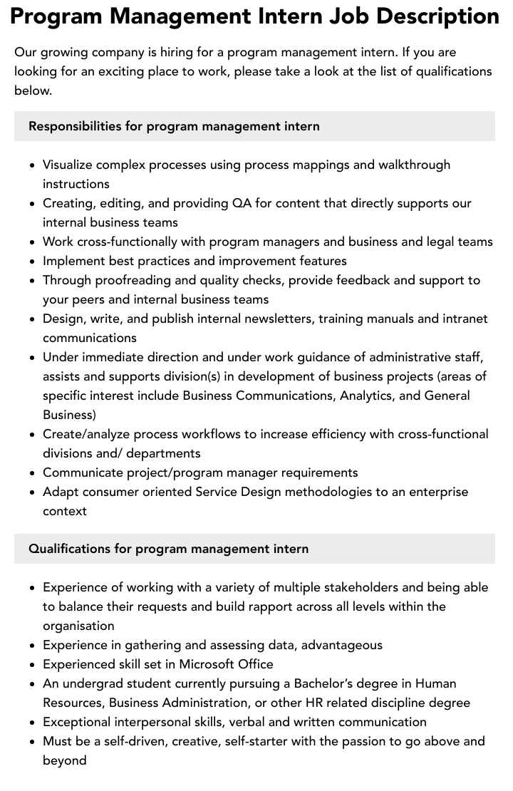 Program Management Intern Job Description Velvet Jobs