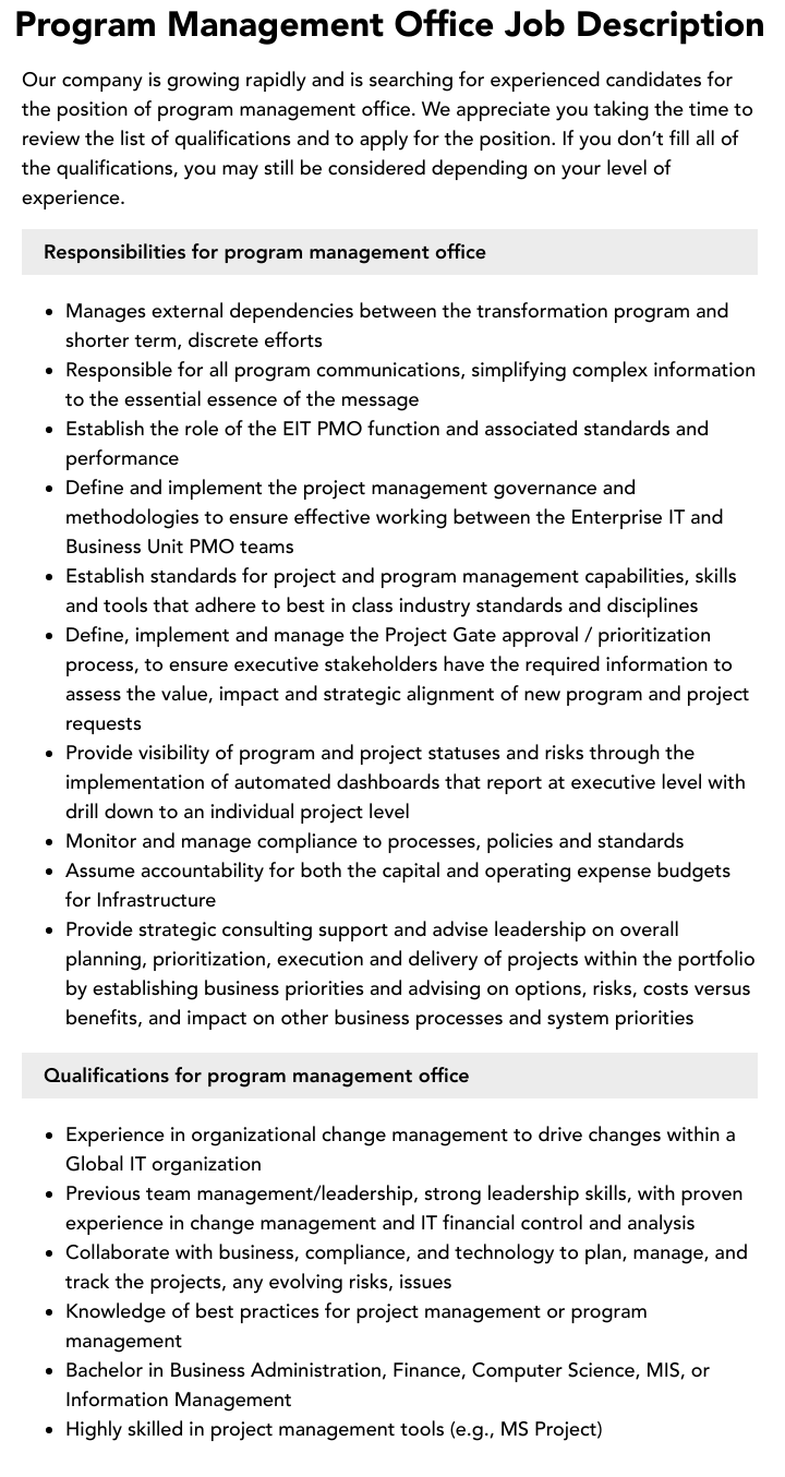 Program Management Office Job Description Velvet Jobs