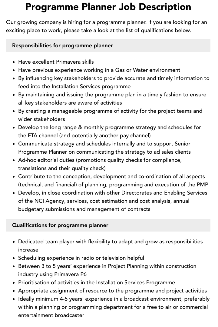 Programme Planner Job Description Velvet Jobs