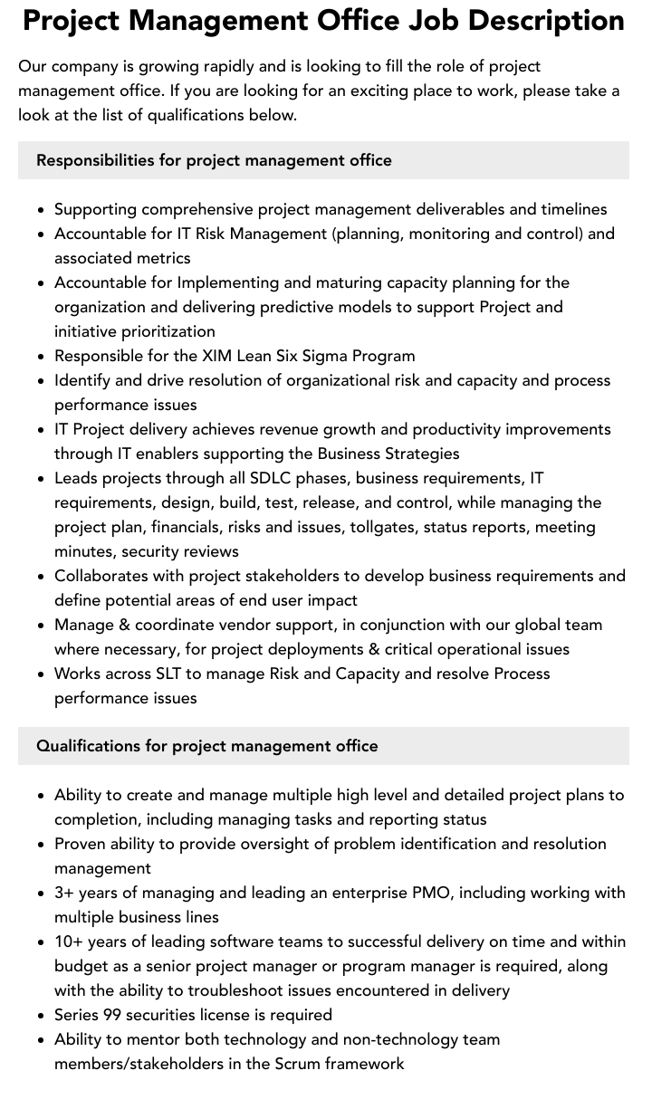 Project Management Office Job Description Velvet Jobs