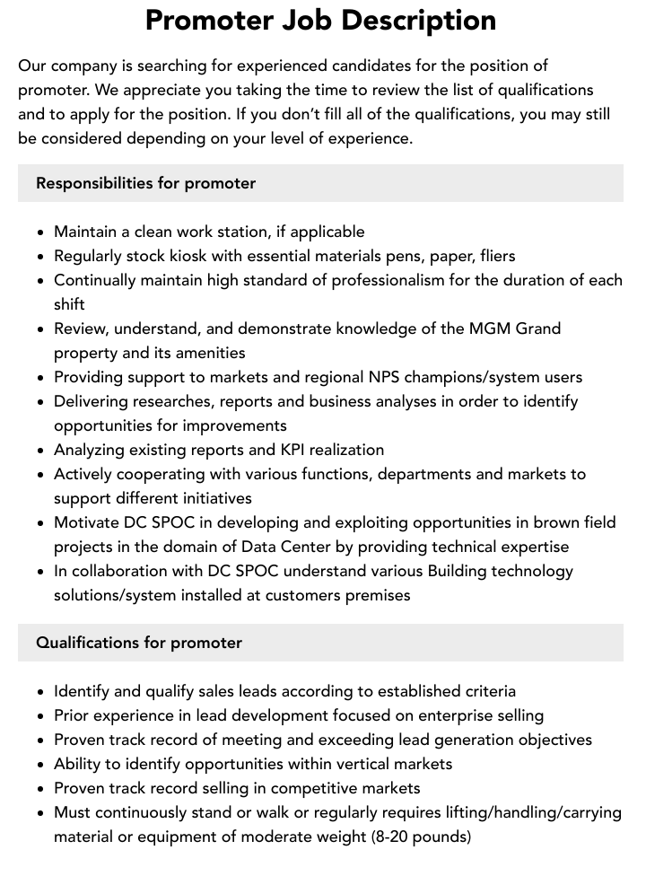 Promoter Job Description Velvet Jobs